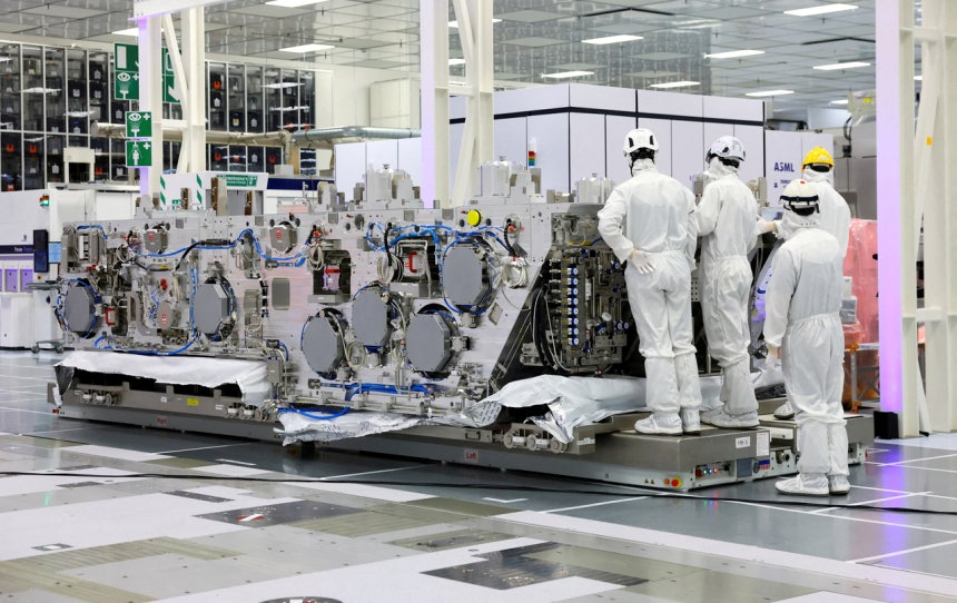 A partially assembled ASML EUV machine is seen at the headquarters of Belgian chip research lab IMEC, in Leuven, Belgium (Reuters-Yonap)