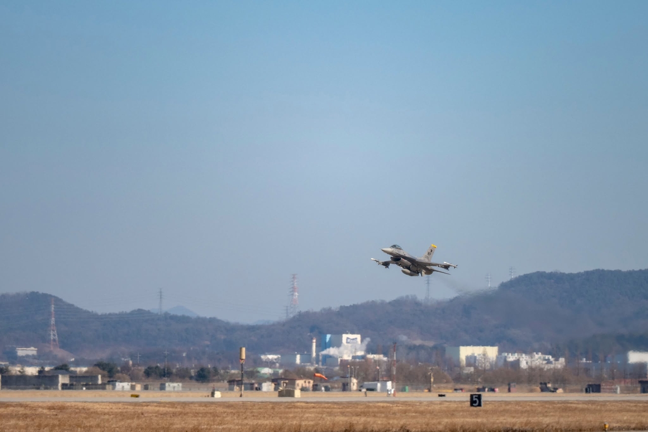 A fighter jet takes off from K-55 Osan Air Base in Pyeongtaek. (Osan Air Base Facebook)
