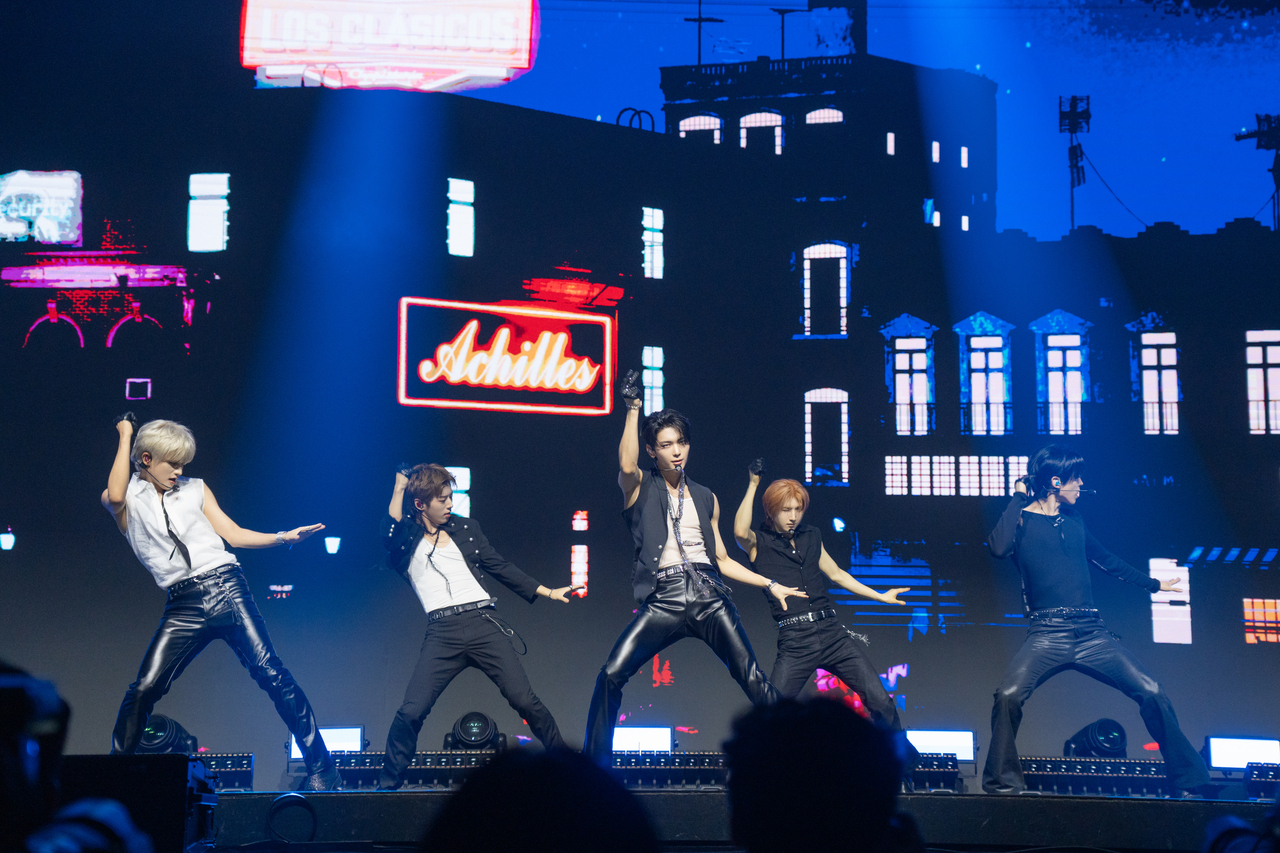 Nowz performs "Achilles" during a media showcase held at Yes24 Live Hall in Gwangjin-gu, eastern Seoul, Wednesday. (Cube Entertainment)