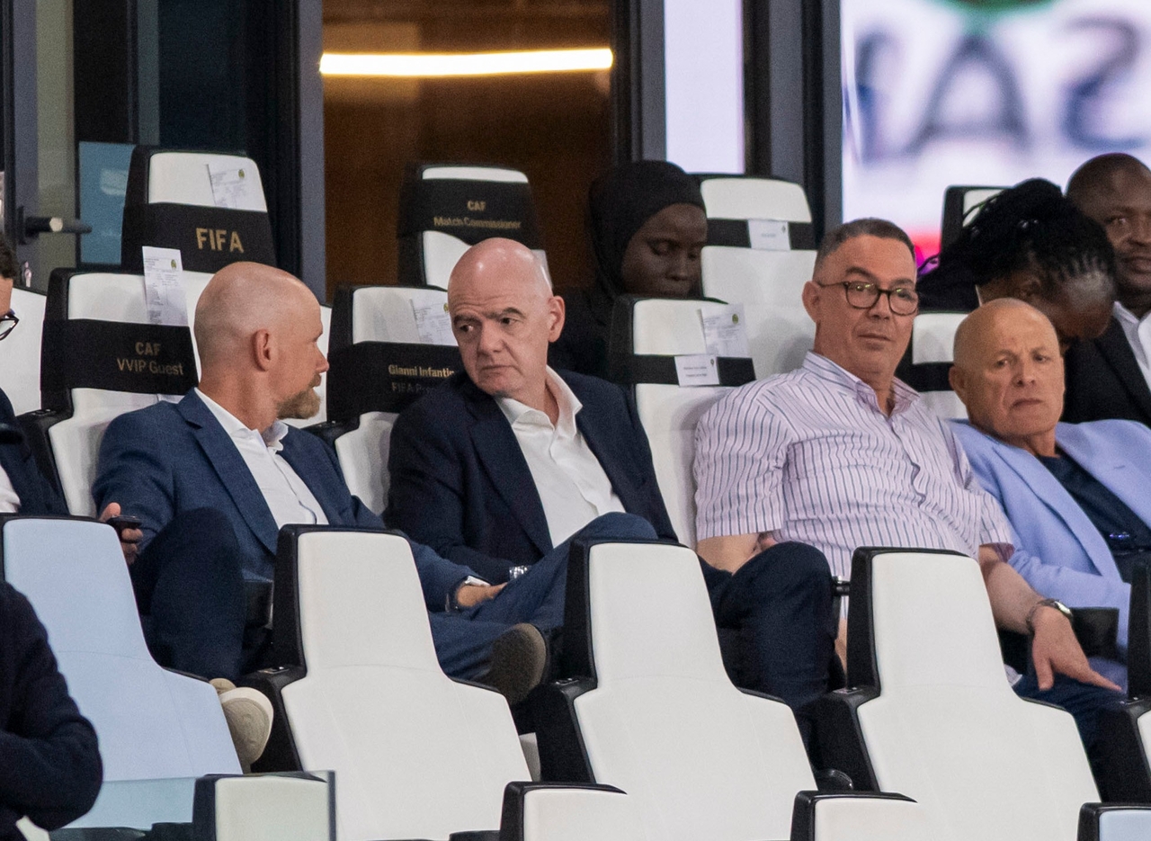 FIFA President Gianni Infantino (center left) and Moroccan Royal Football Federation President Fouzi Lekjaa (center right) attend a Women's AFCON 2026 soccer match between Malawi and Zambia, in Rabat, Morocco, Wednesday.   (AP-Yonhap)