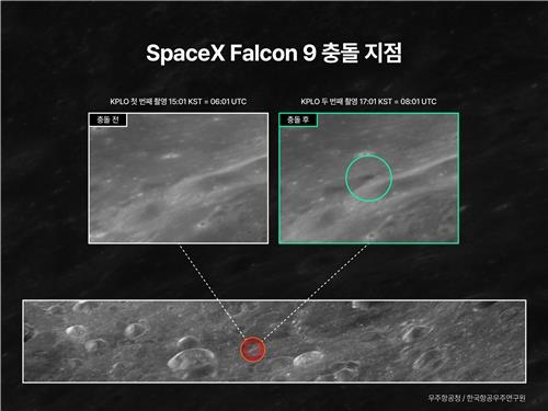 The photo shows Danuri's before-and-after images of the Falcon 9 upper-stage impact site. (KASA, Yonhap)