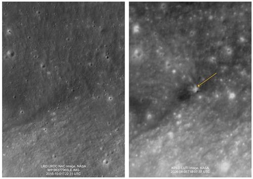 Images captured by Danuri before and after the impact of the upper stage of a SpaceX Falcon 9 rocket near Einstein Crater on the Moon's surface at 3:34 p.m. KST on Wednesday. (KASA, Yonhap)
