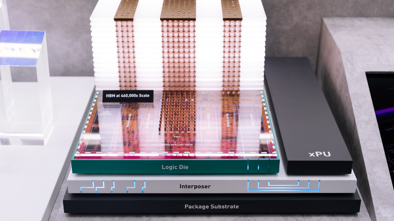 A model of SK Hynix's HBM4E chip on display at Computex 2026 in Taipei, Taiwan, in June. [SK Hynix]