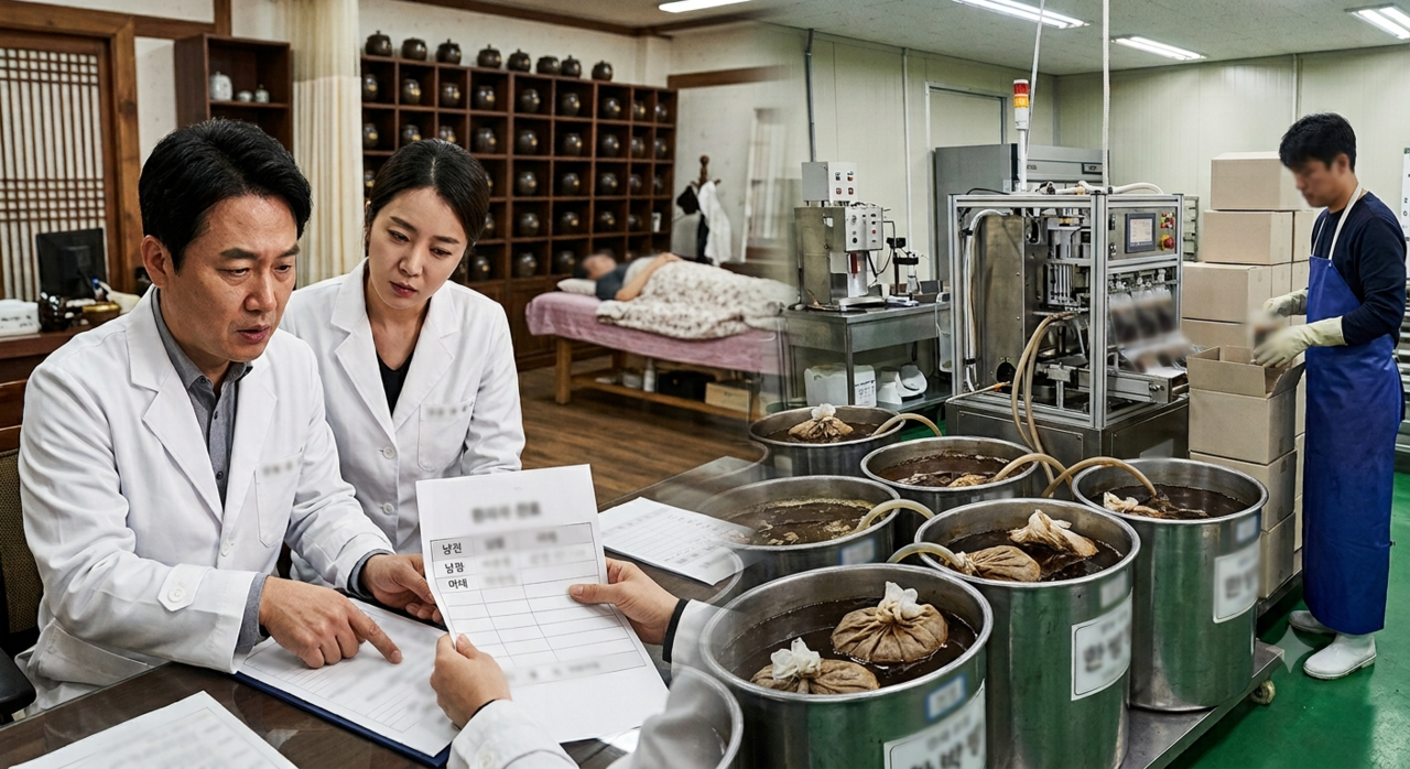 배우자 간 병원 교차 진료와 공장형 첩약 조제 등 한방 보험사기 수법이 갈수록 교묘해지고 있다. 대부분 서류상 보이지 않게 위장돼 철저한 내부 제보에만 의존해야 하는 한계 속에서 제도적 누수가 거듭되고 있다. [제미나이를 이용해 제작함]