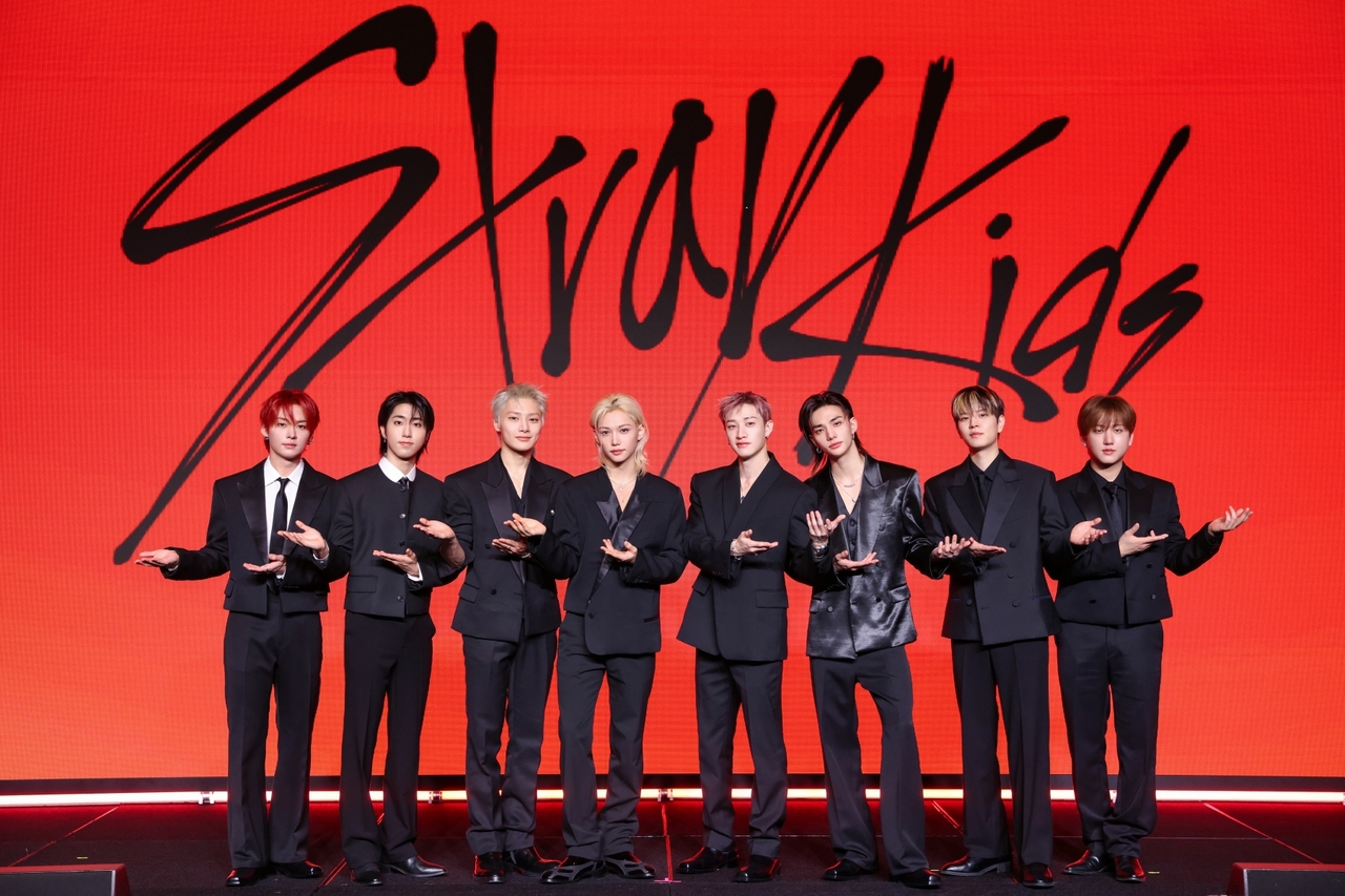 Stray Kids pose for a photo at a press conference for their 10th EP, "This & That," in Seoul, Thursday. (JYP Entertainment)