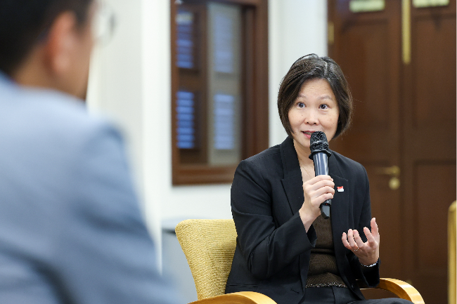 Singapore Minister of State Gan Siow Huang speaks to reporters at the Ministry of Foreign Affairs in Singapore on Thursday. (ASEAN-Korea Center)