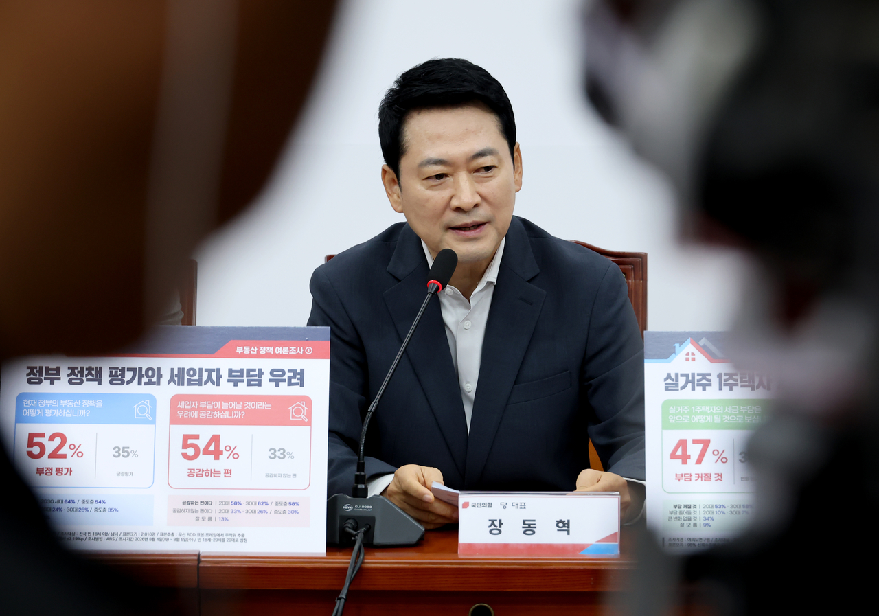 People Power Party leader Rep. Jang Dong-hyeok speaks during a plenary meeting of the party’s Special Committee on the Normalization of Real Estate Policy at the National Assembly in Seoul on Friday. (Yonhap)