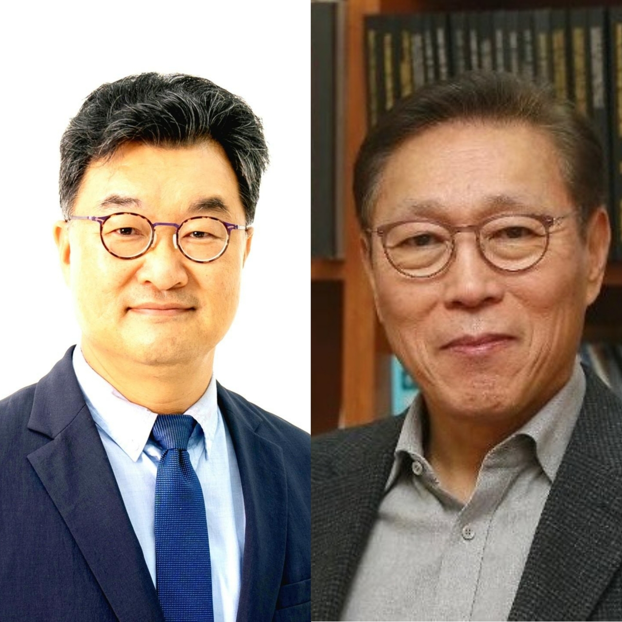 Kim Heung-kyu (left), newly appointed chancellor of the Korea National Diplomatic Academy, and Kim Tai-yoo, newly appointed vice chair of the Regulatory Rationalization Committee (Cheong Wa Dae)