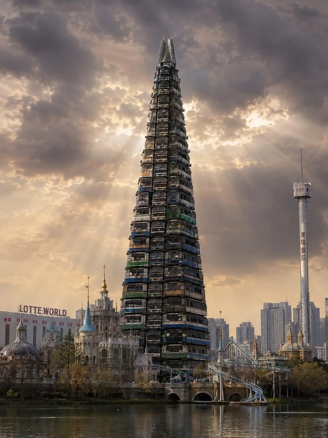 An AI-generated image uploaded to Threads showing abandoned buses in the shape of Lotte World Tower in Seoul (Threads, @f_darim1)
