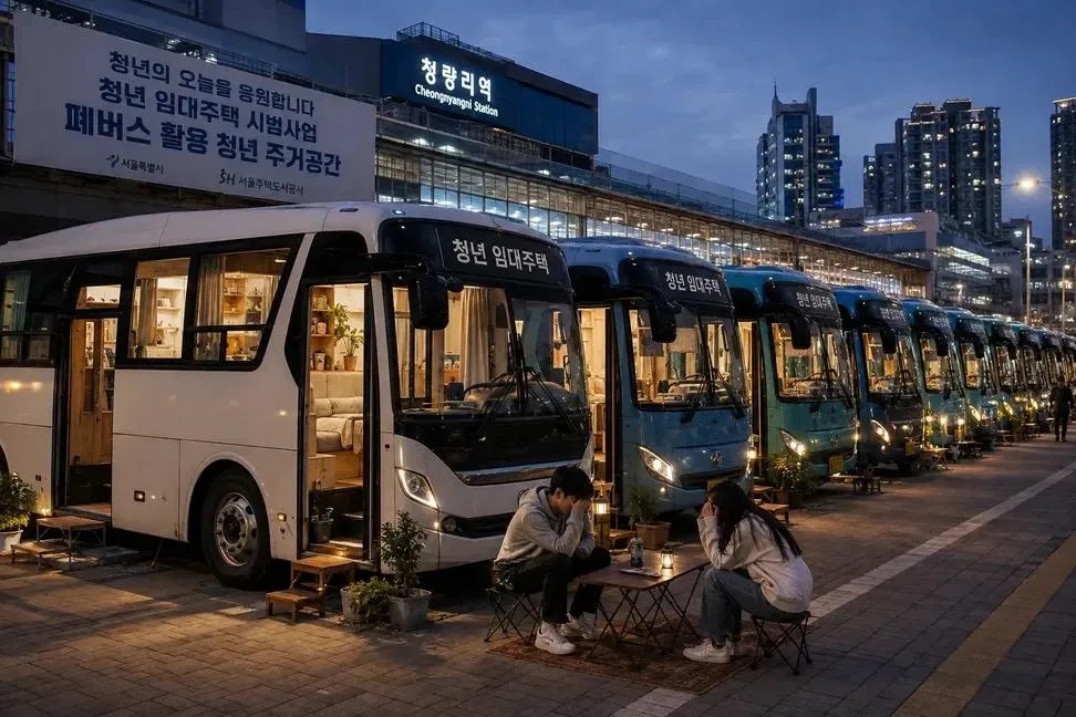An AI-generated image of bus houses uploaded to X. A banner says, "We support the future of the youth" and "Rental house for the youth" (X, @antnote22)