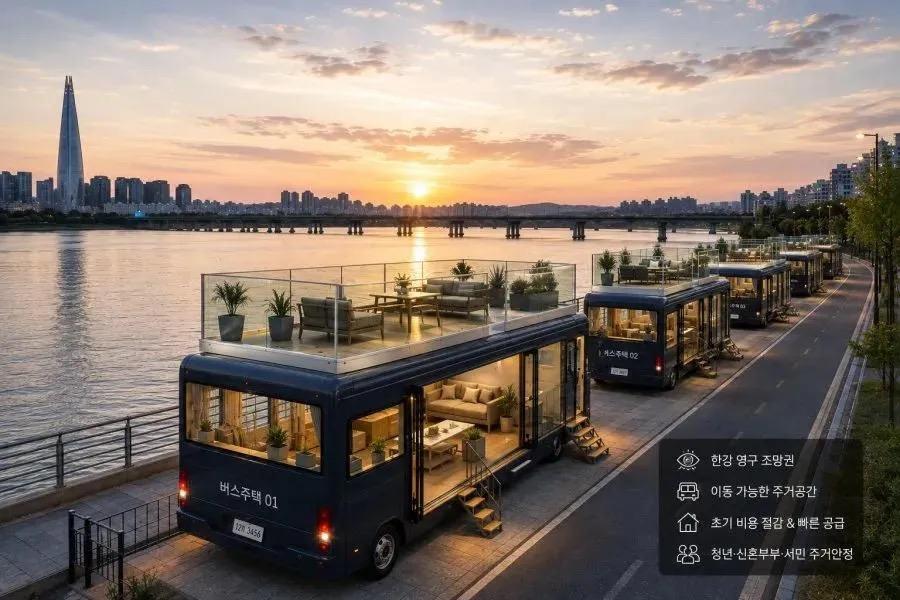 An AI-generated depicting bus housing as luxury riverside apartments uploaded to Threads. (Threads, @f_darim1)