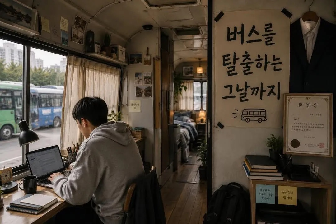 An AI-generated image uploaded to Threads showing the interior of a bus house, with a poster that says "Until the day I escape the bus." (Threads, @f_darim1)