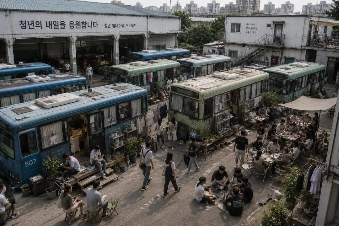 An AI-generated image of bus houses uploaded to Threads. A banner says, "We support the future of the youth." (Threads, @f_darim1)