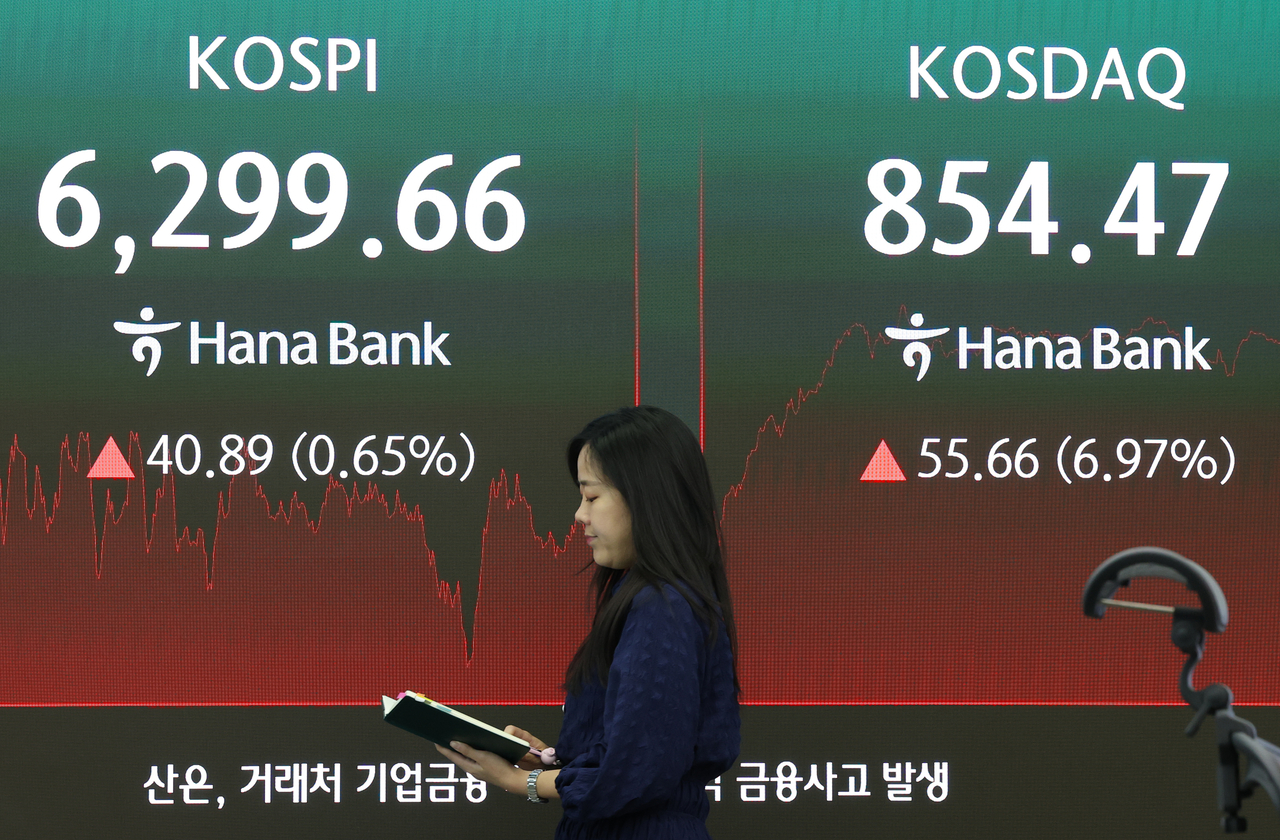 10일 서울 중구 하나은행 딜링룸 현황판에 코스피와 코스닥지수가 표시되고 있다. 이날 코스피는 40.89포인트(0.65%) 오른 6299.66으로, 코스닥은 55.66포인트(6.97%) 오른 854.47에 마감했다. [연합]