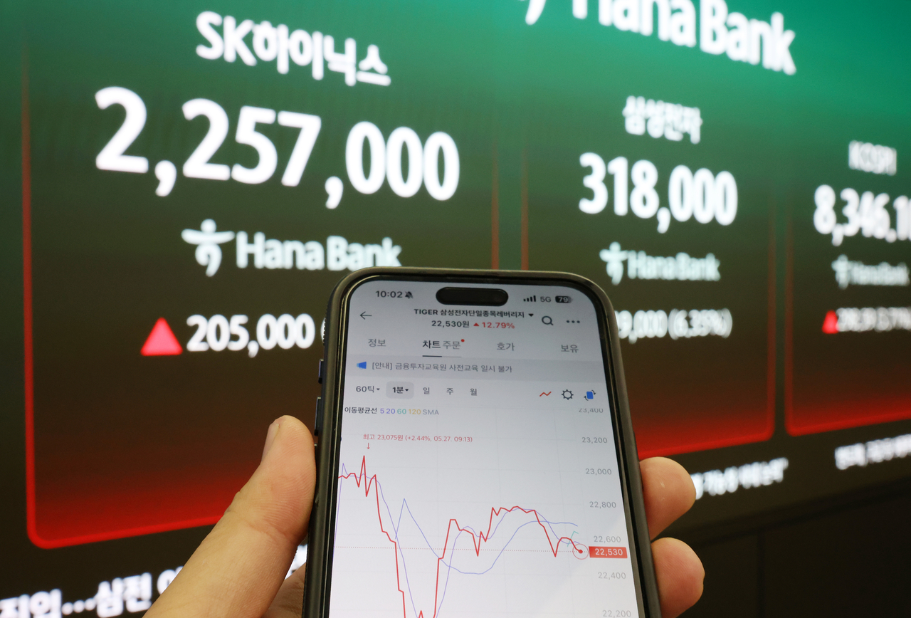 Single-stock leverage ETFs tied to Samsung Electronics and SK Hynix listed on the Korea Exchange in May. The photo shows a mobile trading screen displaying single-stock leverage ETF prices on the day of their listing. [Newsis]