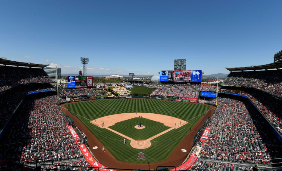 A general overall view of Angel Stadium during the game between the Los Angeles Dodgers and the Los Angeles Angels, Aug. 11, 2025.   (Reuters-Yonhap)