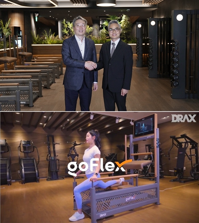 사진1-(위)디랙스 유선경 대표이사 및 헤만 안기만 박사 기념 촬영, (아래)디랙스의 멀티 스트레칭 머신 ‘고플렉스(GoFlex)’(제공-디랙스)