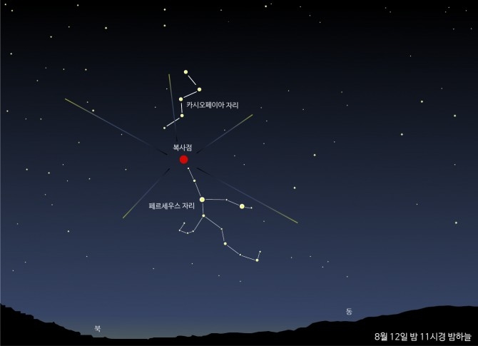This diagram shows where the Perseid meteor shower will appear in the night sky on Aug. 12. (Korea Astronomy and Space Science Institute)