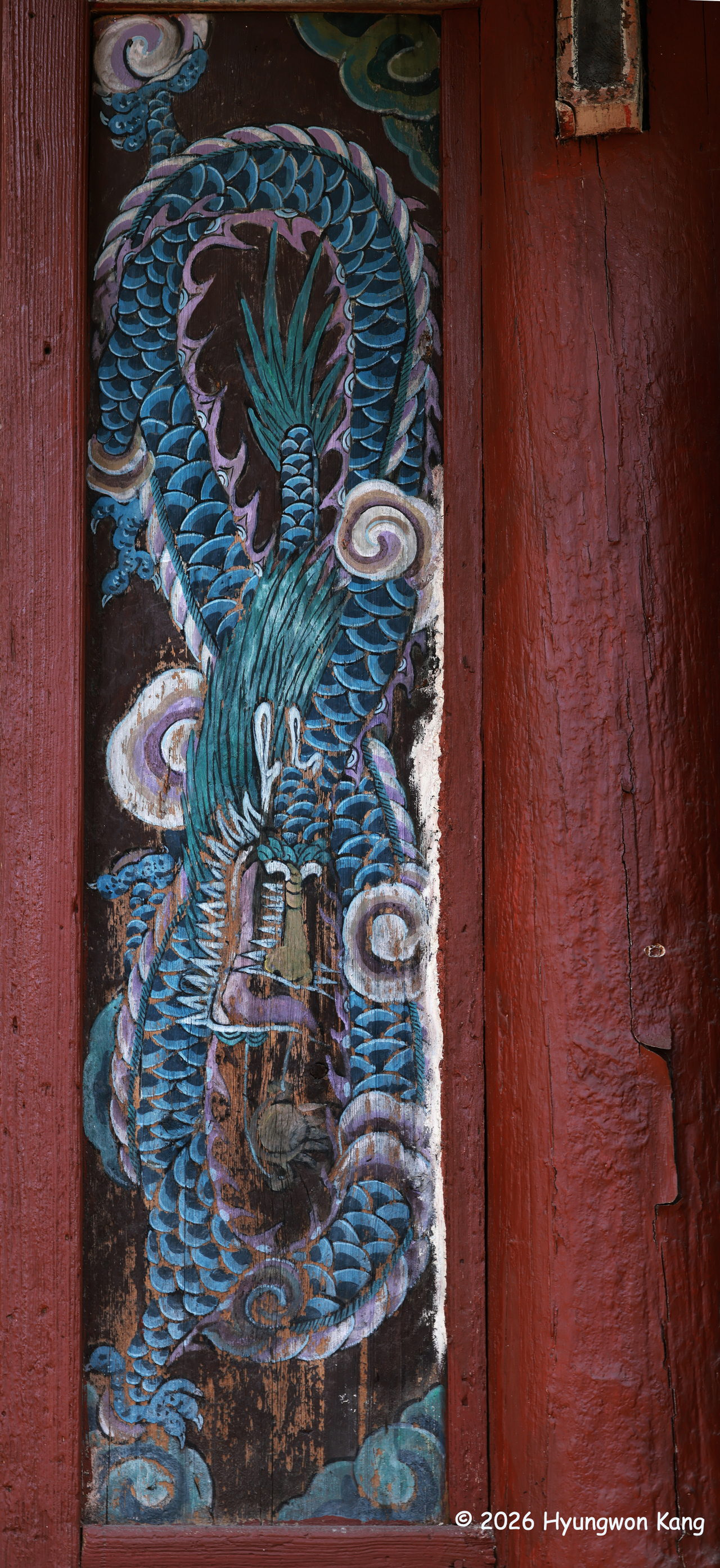A blue dragon mural at Sungyang Sowon in Kaesong,  North Korea. The Confucian academy is dedicated to Jong Mong-ju, whose assassination marked the overthrow of Goryeo. Sungyang Sowon is one of the components of the Historic Monuments and Sites in Kaesong, inscribed on UNESCO’s World Heritage List in 2013. (Hyungwon Kang)