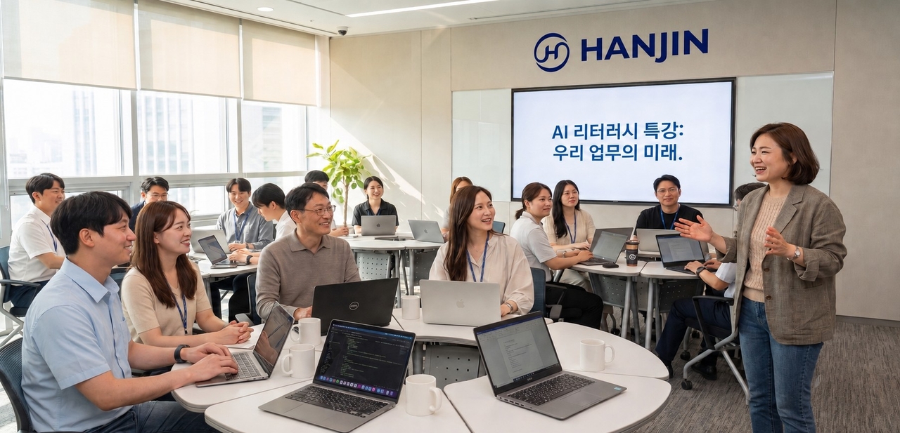 한진 임직원들이 인공지능(AI) 활용 역량 강화를 위한 교육을 받고 있다. 생성형 AI를 활용해 제작된 이미지. [한진 제공]
