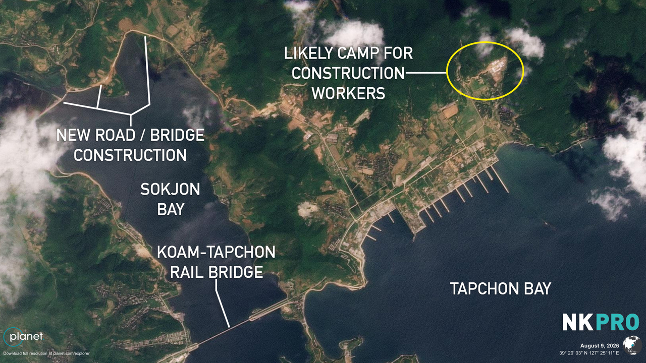 White structures or tents believed to be for conscripted construction workers are seen at the naval base project site in early August. The graphic was created by NK News senior analytical correspondent Colin Zwirko using satellite imagery from Planet Labs. (Courtesy of NK Pro and Planet Labs)