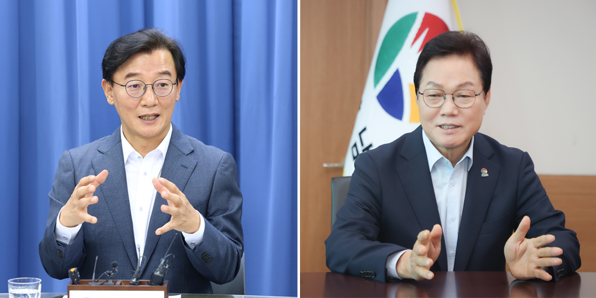 Busan Mayor Jeon Jae-soo (left) and South Gyeongsang Province Governor Park Wan-su meet Wednesday afternoon in Changwon at an MOU signing ceremony on talent development and hiring in the southeast region. The two are scheduled to meet again Thursday and Friday at separate events. [Busan City/South Gyeongsang Province]