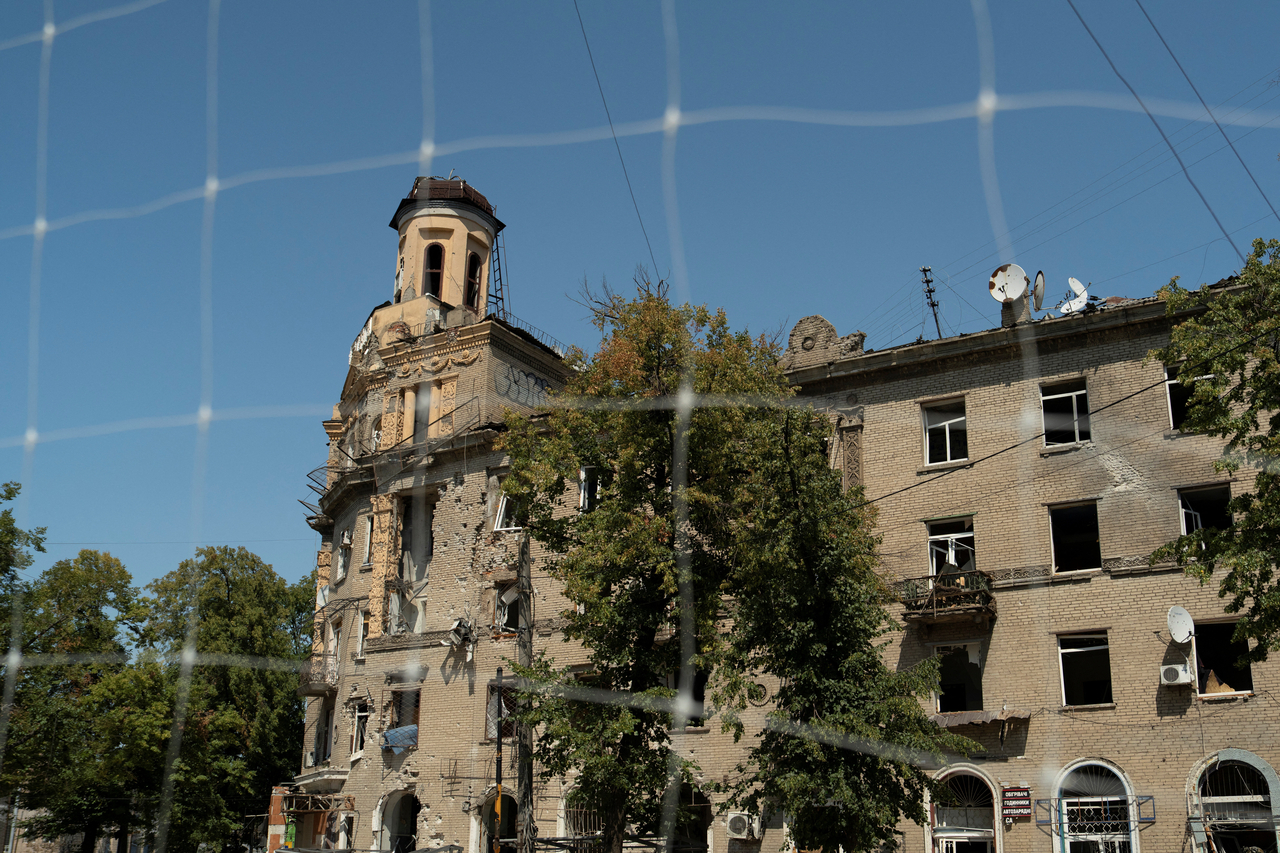 An apartment building damaged by Russian military strikes in the centre of the frontline town of Druzhkivka, amid Russia's attack in Donetsk, Ukraine, Monday. (Reuters-Yonhap)