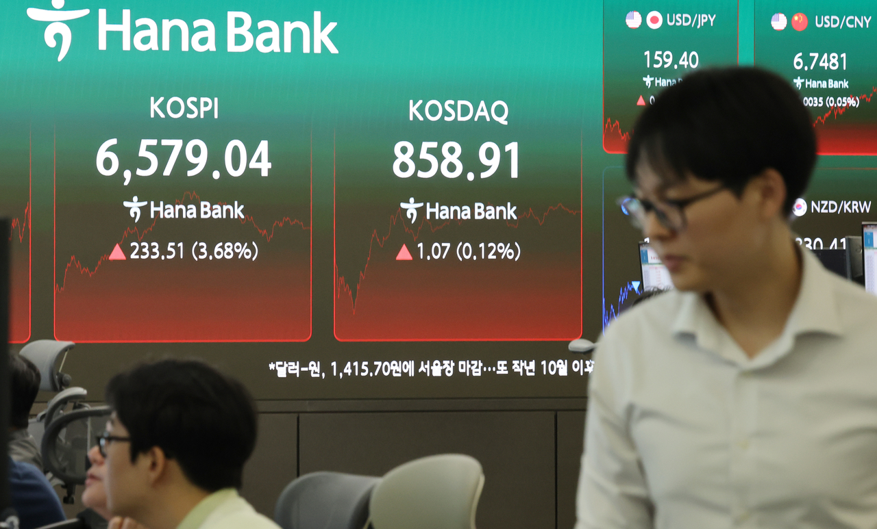 12일 서울 중구 하나은행 딜링룸 전광판에 코스피, 코스닥 지수가 표시돼 있다. [연합]