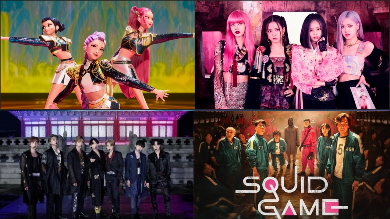 Hallyu global exports collage featuring K-pop girl group BLACKPINK, K-drama Squid Game contestants, BTS members and Netflix animation Kpop Demon Hunters representing the four core pillars of Korean cultural exports that anchor the French K-content market