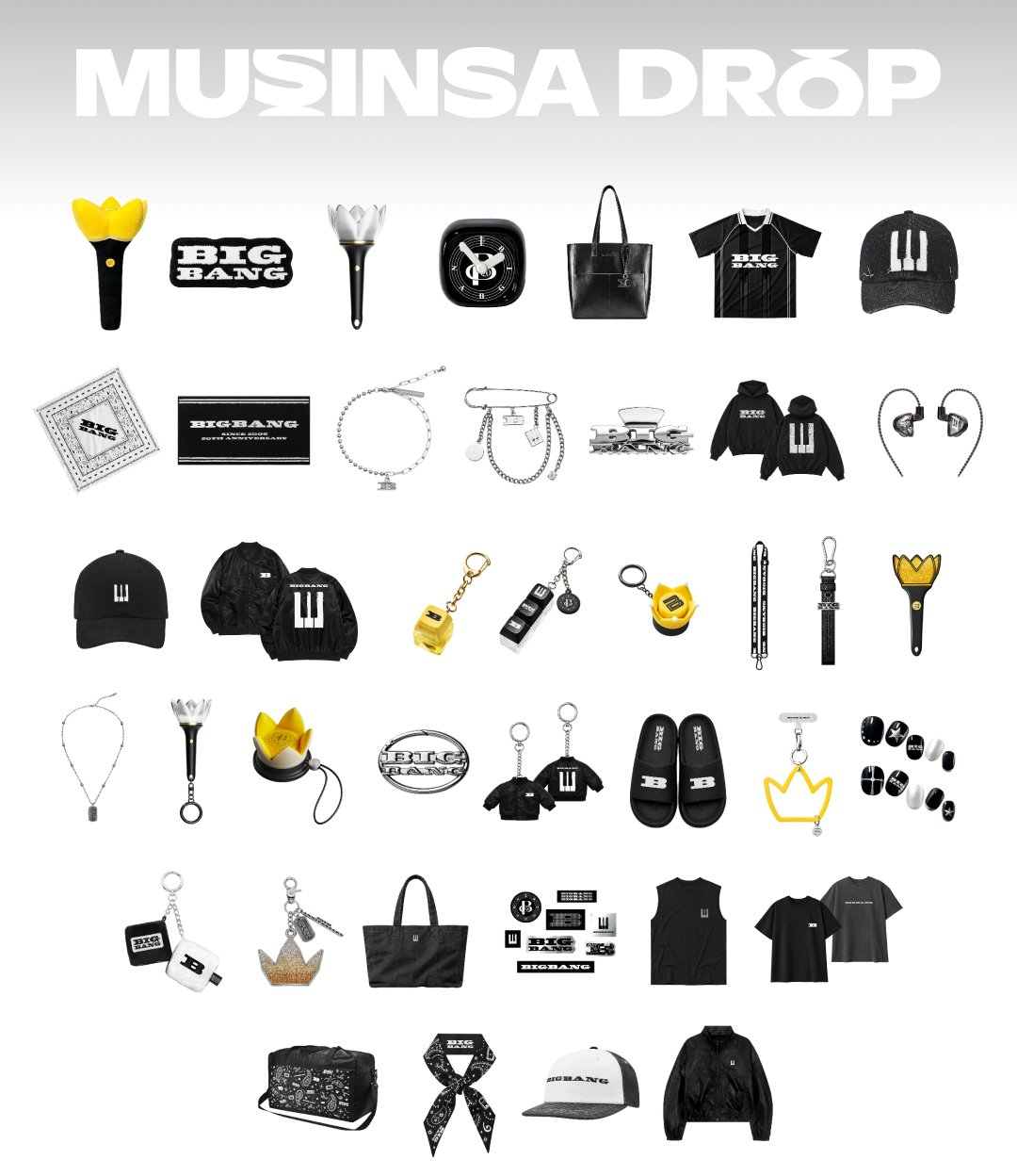 Promotional image for Big Bang's official 20th anniversary merchandise, to be available for sale through Musinsa Drop and at Musinsa Megastore Seongsu and Musinsa Standard Myeongdong (X @musinsaofficial)