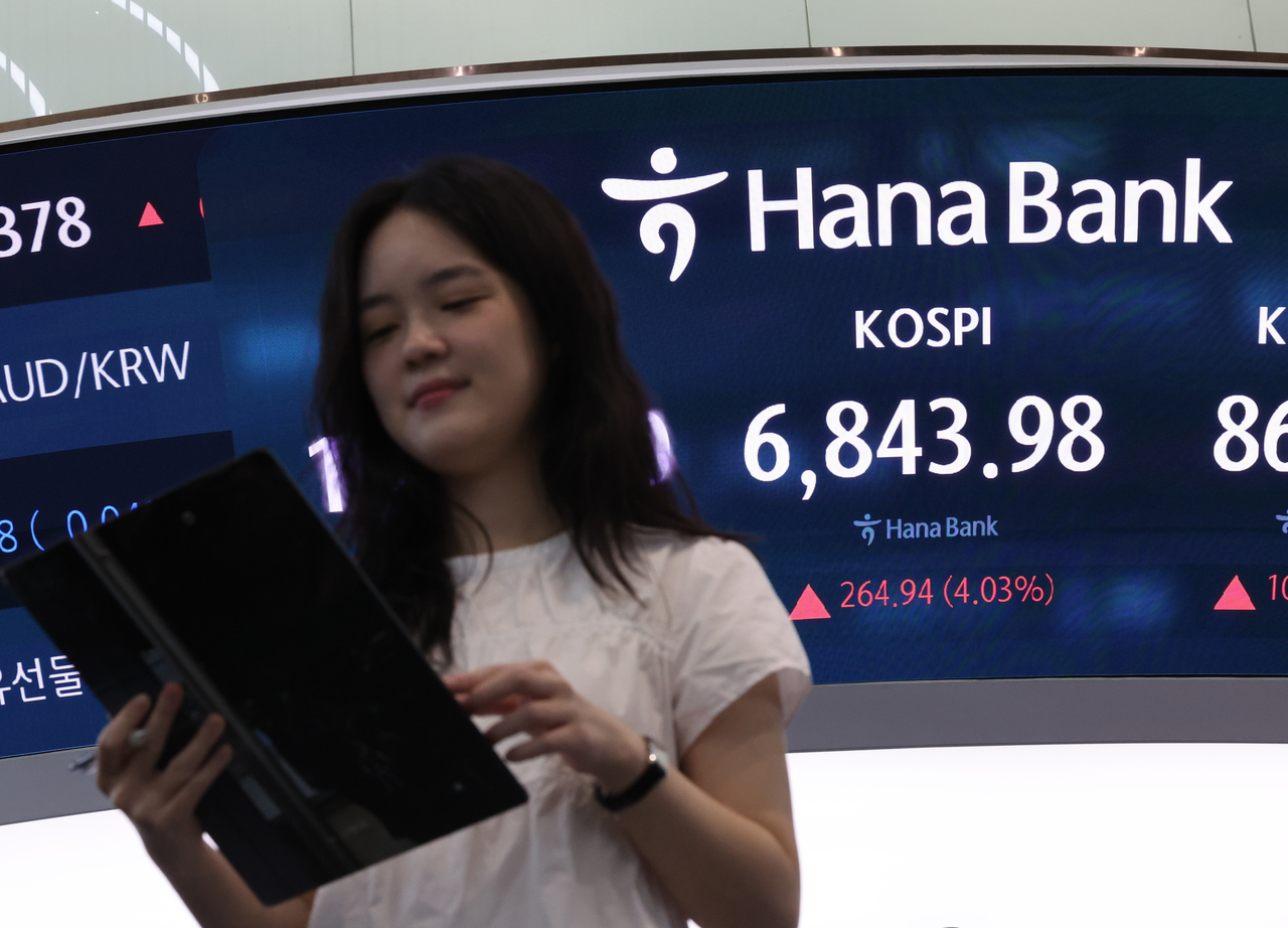 코스피 지수는 13일 삼성전자·SK하이닉스 주가가 크게 오르면서 194.88포인트(2.96%) 오른 6773.92에 출발해 장중 6800선을 회복했다. 이날 서울 중구 하나은행 딜링룸 게시판에 코스피 지수가 표시돼 있다.  [뉴시스]