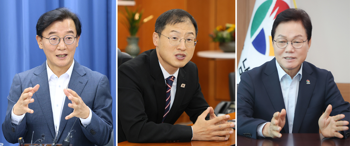 The three metropolitan governments of Busan, Ulsan and South Gyeongsang Province, together with the Ministry of Oceans and Fisheries, signed an MOU Thursday at Commodore Hotel in Busan to establish a southeastern maritime capital region. Pictured from left: Busan Mayor Jeon Jae-soo, Ulsan Mayor Kim Sang-uk and South Gyeongsang Province Governor Park Wan-su. [Busan City/Ulsan City/South Gyeongsang Province]