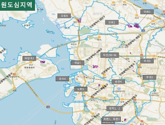 A map showing the locations of the cadastral resurvey project sites [Incheon city government]