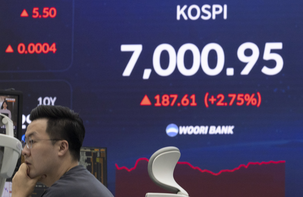 Major indexes, including the Kospi, are displayed at the Woori Bank dealing room in Jung-gu, Seoul, on Friday, as the benchmark index broke through the 7,000 mark after opening up more than 2 percent. (Yoon Chang-bin)