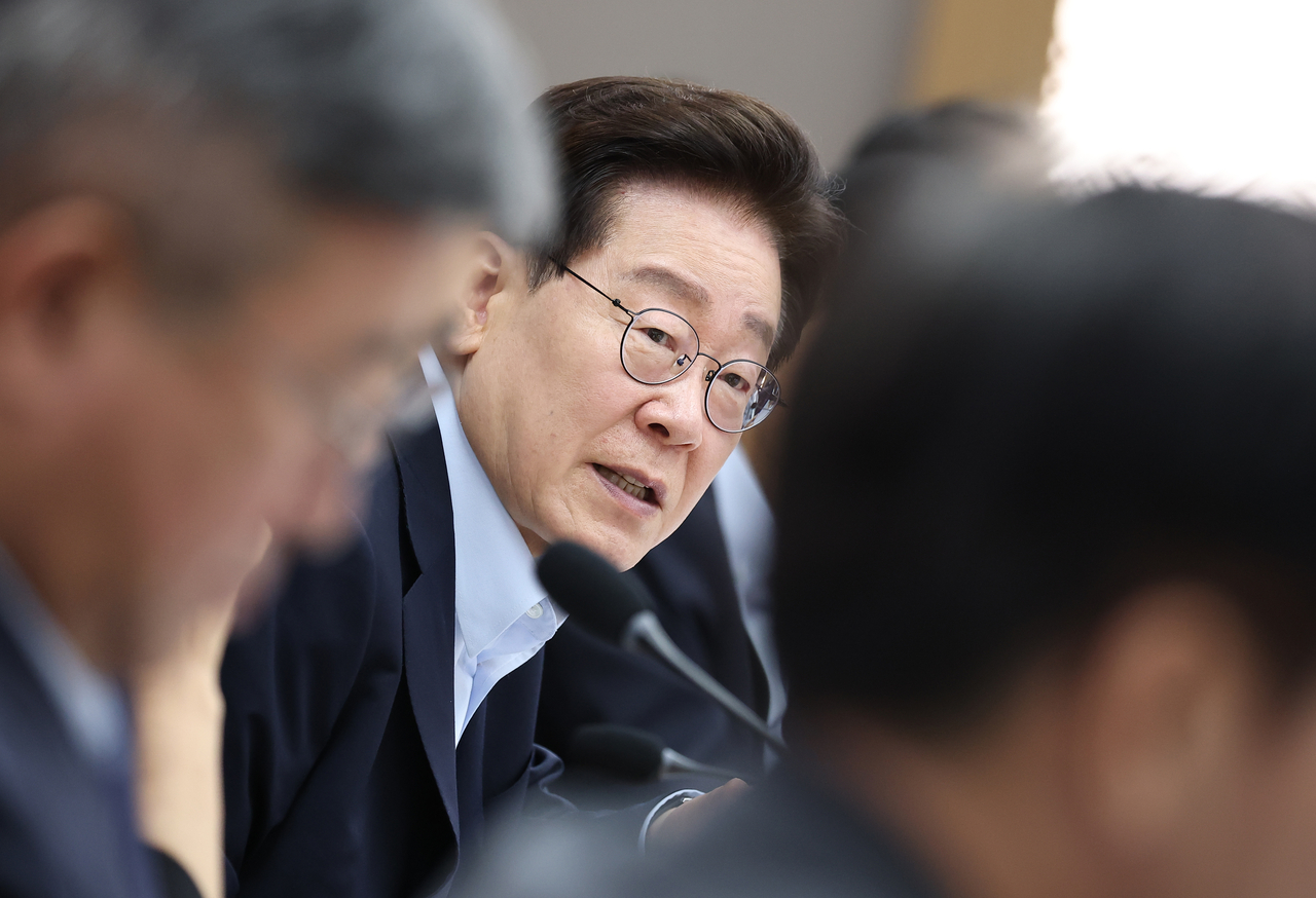 President Lee Jae Myung speaks at the Cabinet meeting held in Sejong on Tuesday. (Yonhap)