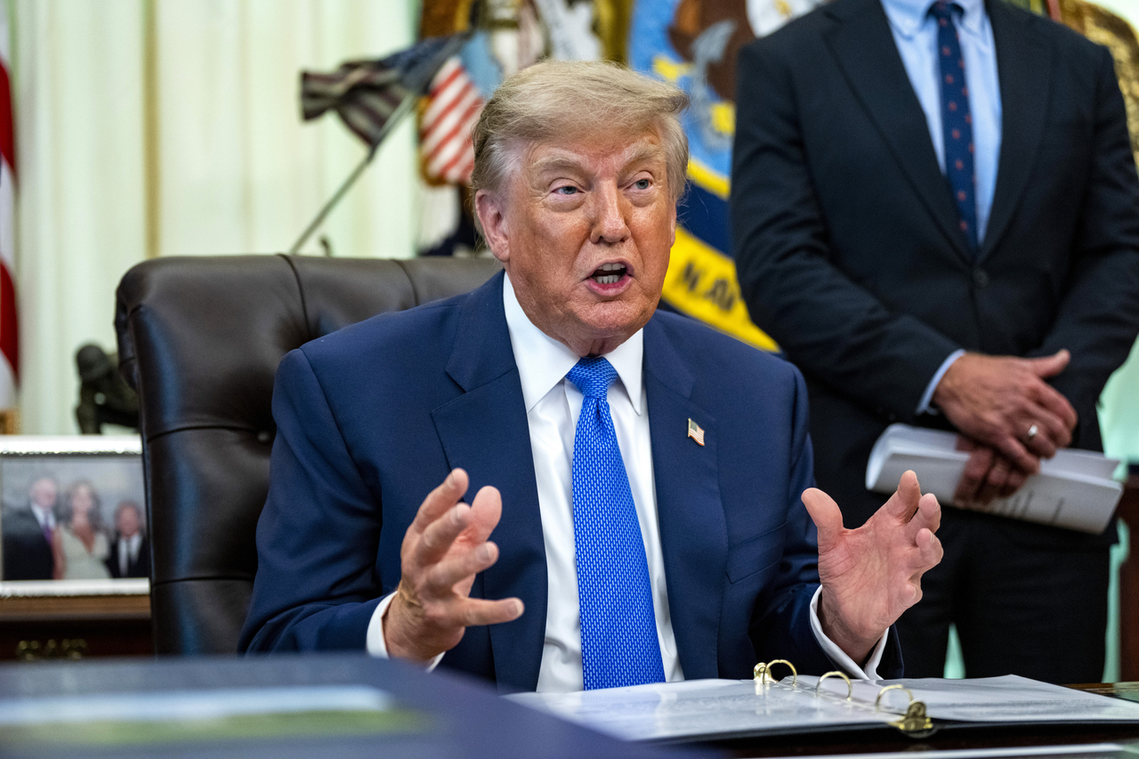 US President Donald Trump speaking during an executive order sighing in the Oval Office of the White House in Washington, D.C., on Monday. (UPI-Yonhap)