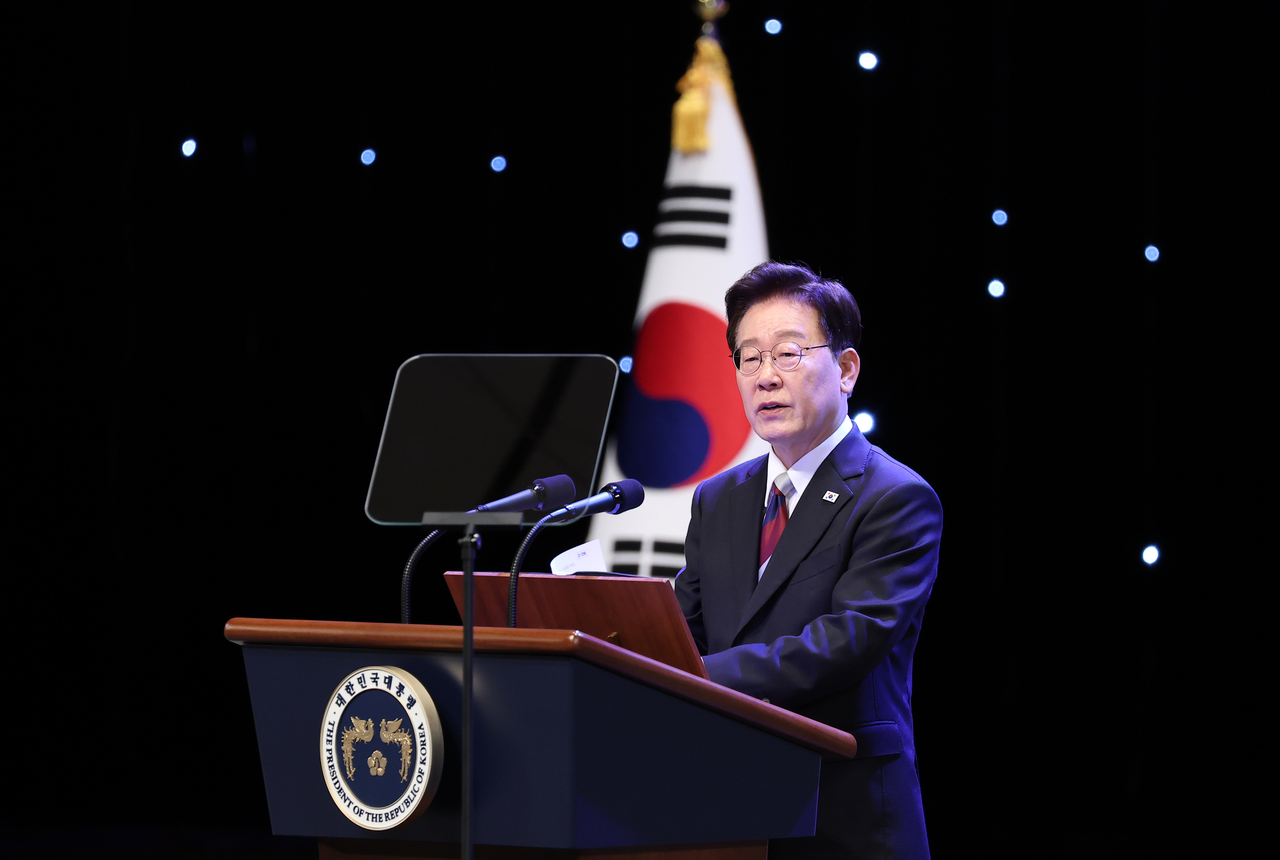 President Lee Jae Myung speaks during the 81th anniversary of Liberation Day at the Sejong Center in Seoul on Saturday. (Yonhap)