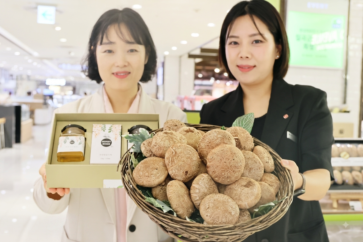 롯데백화점 대구점 지하 2층 특설행사장에서 진행하는 ‘우수 농특산물 특별전’에서 직원들이 다양한 칠곡군 특산물을 선보이고 있다.[롯데백화점 제공]