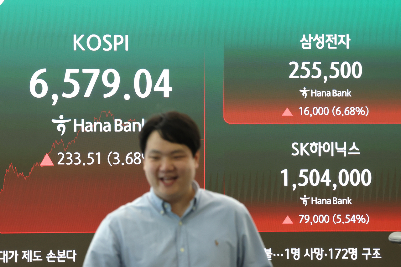 12일 서울 중구 하나은행 딜링룸 전광판에 코스피, 삼성전자, SK하이닉스 주가가 표시돼있다.
이날 코스피는 233.51포인트(3.68%) 오른 6,579.04로 장을 마쳤다. 3거래일 연속 상승 마감이다.
지수는 92.97포인트(1.47%) 오른 6,438.50으로 개장, 상승 폭을 키우며 오전 11시 57분께엔 프로그램매수 호가 효력을 5분간 정지하는 매수 사이드카가 발동되기도 했다.
코스닥은 1.07포인트(0.12%) 오른 858.91로 종료했다. 코스닥 역시 3거래일 연속 상승했다. <연합뉴스>