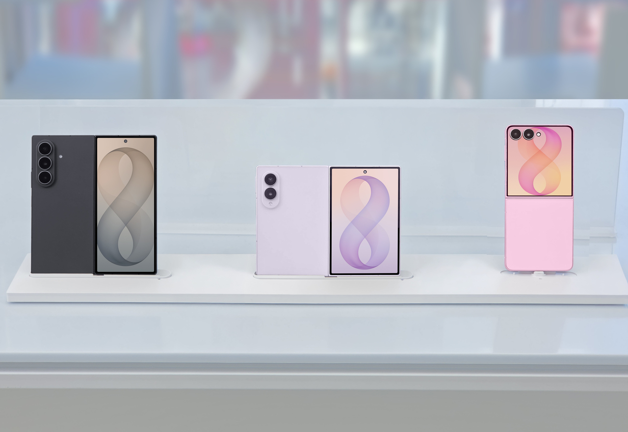 From left: Samsung&rsquo;s Galaxy Z Fold8 Ultra, the new wide-format Galaxy Z Fold8 and Galaxy Z Flip8 (Samsung Electronics)