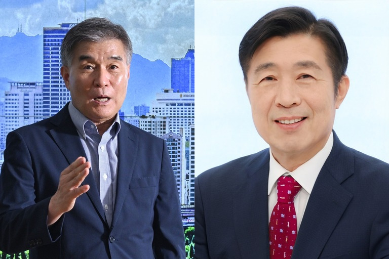 Gangnam-gu Mayor Kim Hyun-gi (left) and Seocho-gu Mayor Jeon Sung-su