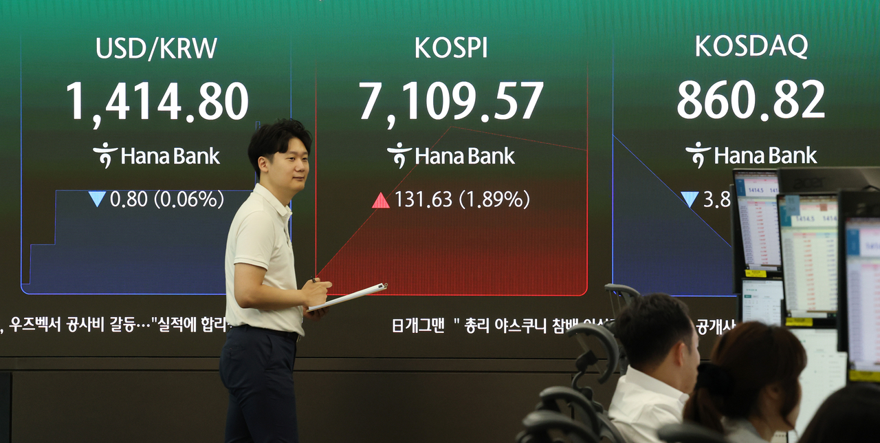 An electronic board showing the Korea Composite Stock Price Index at a dealing room of the Hana Bank headquarters in Seoul on Tuesday. (Yonhap)