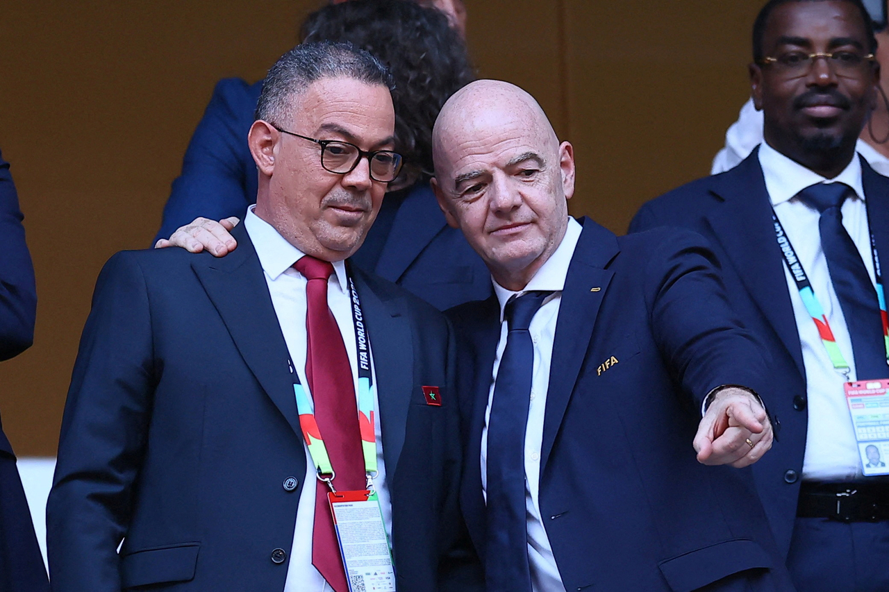 President of the Royal Moroccan Football Federation Fouzi Lekjaa (left) and FIFA President Gianni Infantino in the stands before the World Cup 2026 match between the Netherlands and Morocco, at Estadio Monterrey in Monterrey, Mexico, June 29.   (Reuters-Yonhap)