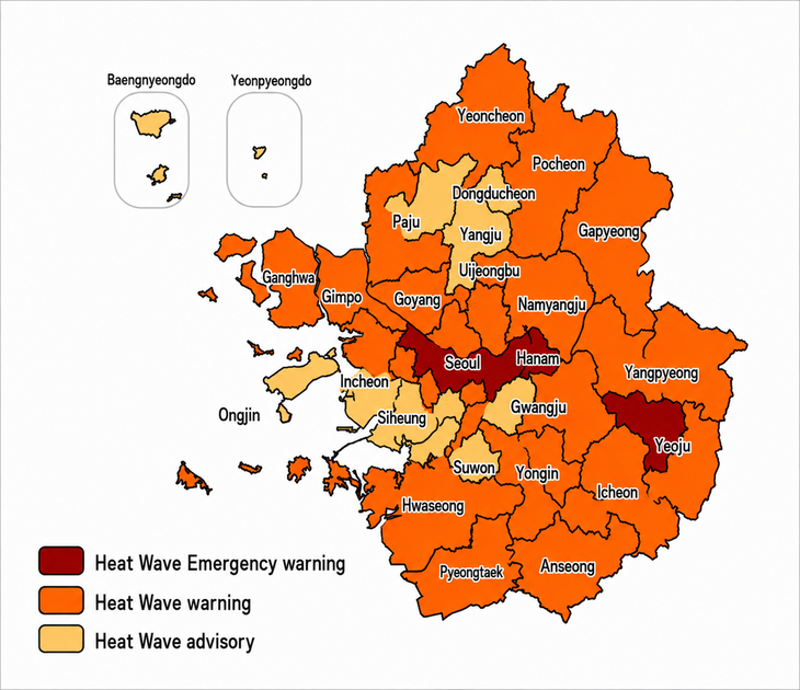 A map showing heat wave alerts in Seoul, Incheon and Gyeonggi Province as of 4 p.m. Monday based on KMA data (ChatGPT)