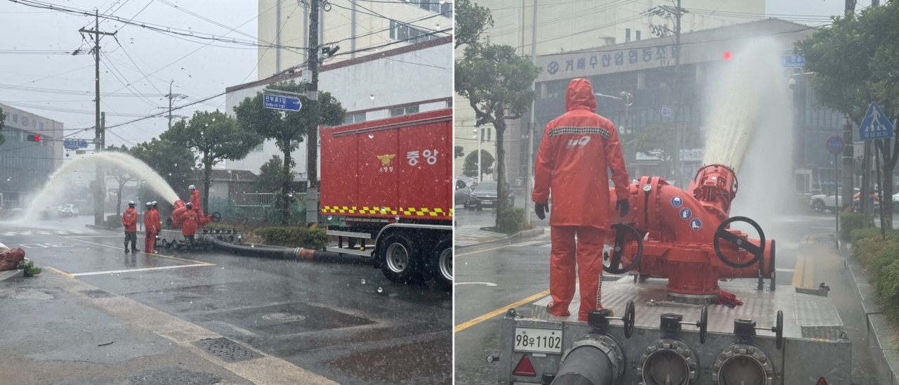 집중 호우로 침수된 경남 거제시 장승포동의 한 상가 지하주차장에서 소방대원들이 18일 오전 대용량포 방사시스템을 투입해 배수 작업을 하고 있다. [경남도소방본부 제공]