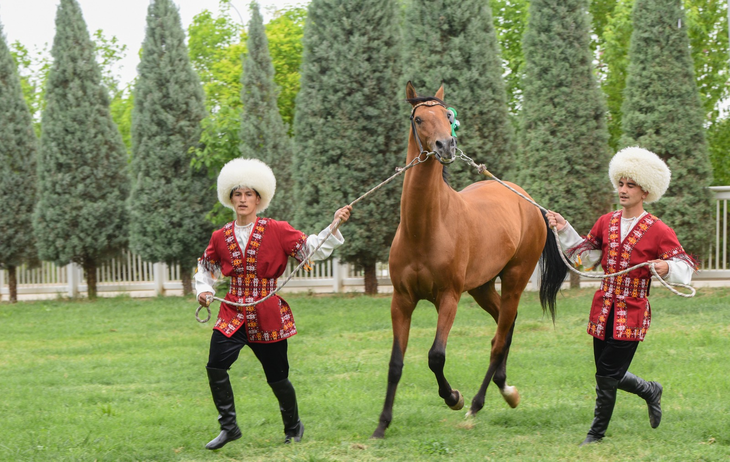 Handlers in traditional Turkmen attire present an Akhal-Teke horse, a breed renowned for its speed, endurance and distinctive appearance. (Embassy of Turkmenistan in Seoul)