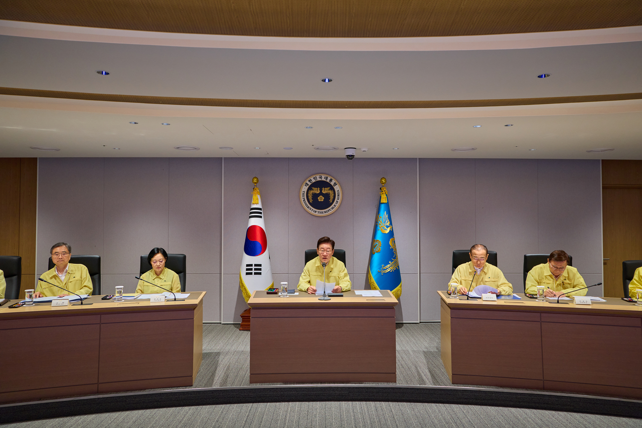 President Lee Jae Myung presides over an Ulchi National Security Council meeting at Cheong Wa Dae’s National Crisis Management Center in Seoul on Tuesday. (Cheong Wa Dae via Yonhap)