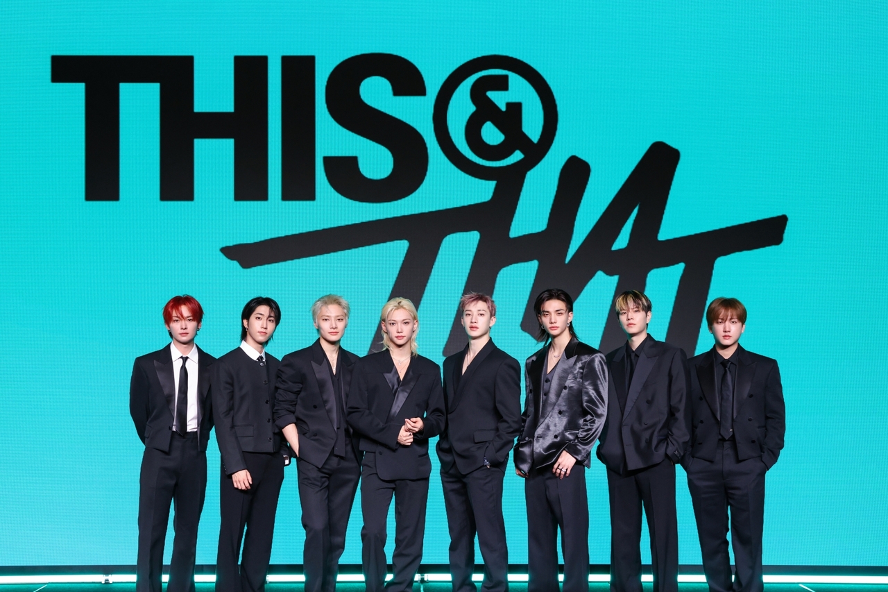 Stray Kids pose for a photo at a press conference for their 10th EP, "This & That," in Seoul, Thursday. (JYP Entertainment)