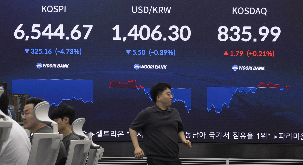 Major indexes including the Kospi are displayed at the Woori Bank dealing room in Jung-gu, Seoul, on Wednesday morning.