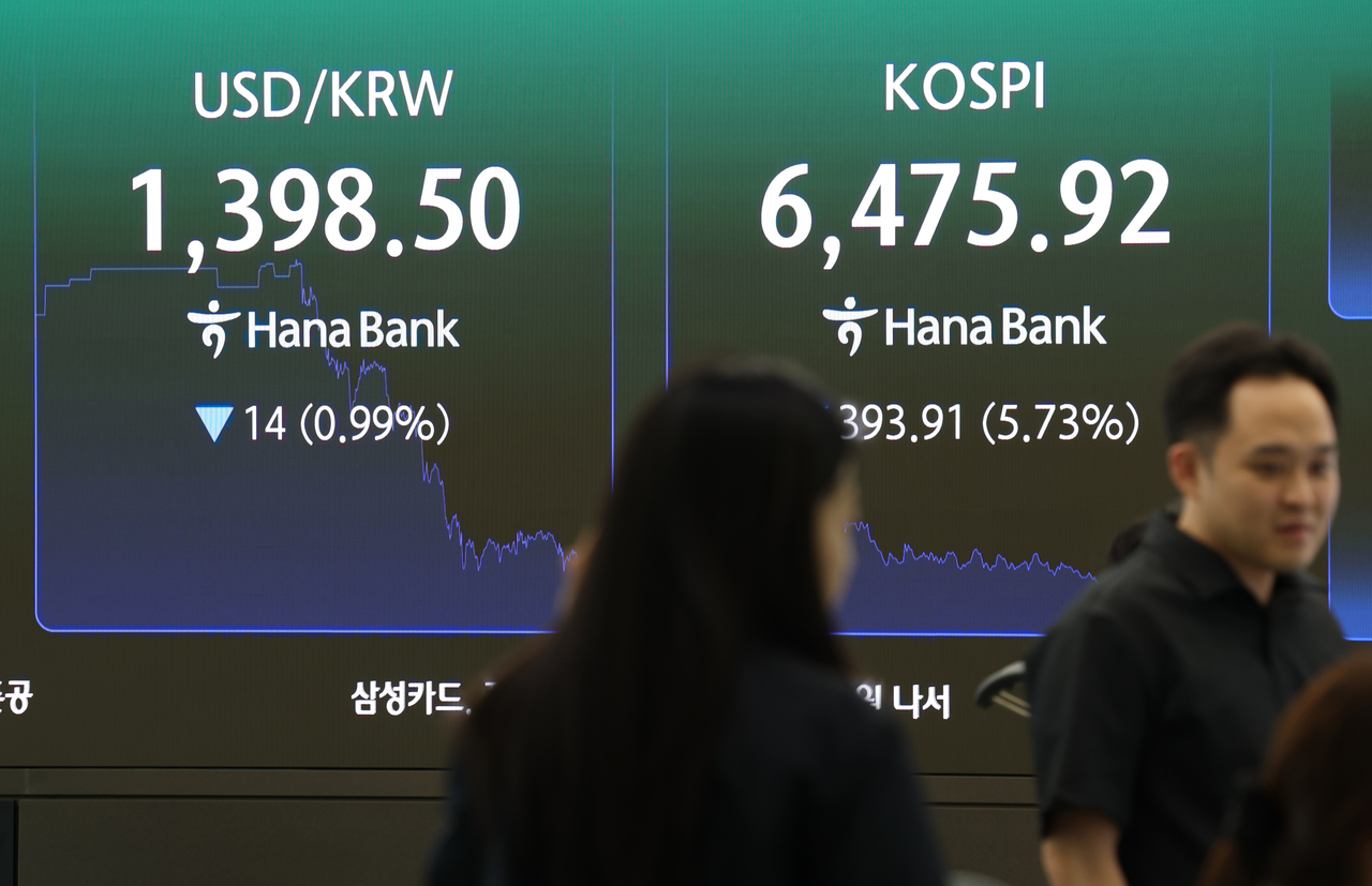An electronic board showing the Korea Composite Stock Price Index at a dealing room of the Hana Bank headquarters in Seoul on Wednesday. (Yonhap)